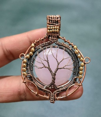 Rose Quartz Tree Of Life Pendant Wire Wrapped Handmade Jewelry For Gift