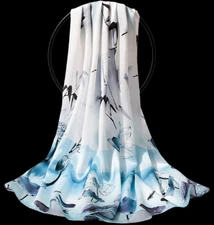 100% Silk Scarf Women neckerchief long Shawl Wrap floral blue white gray MY227