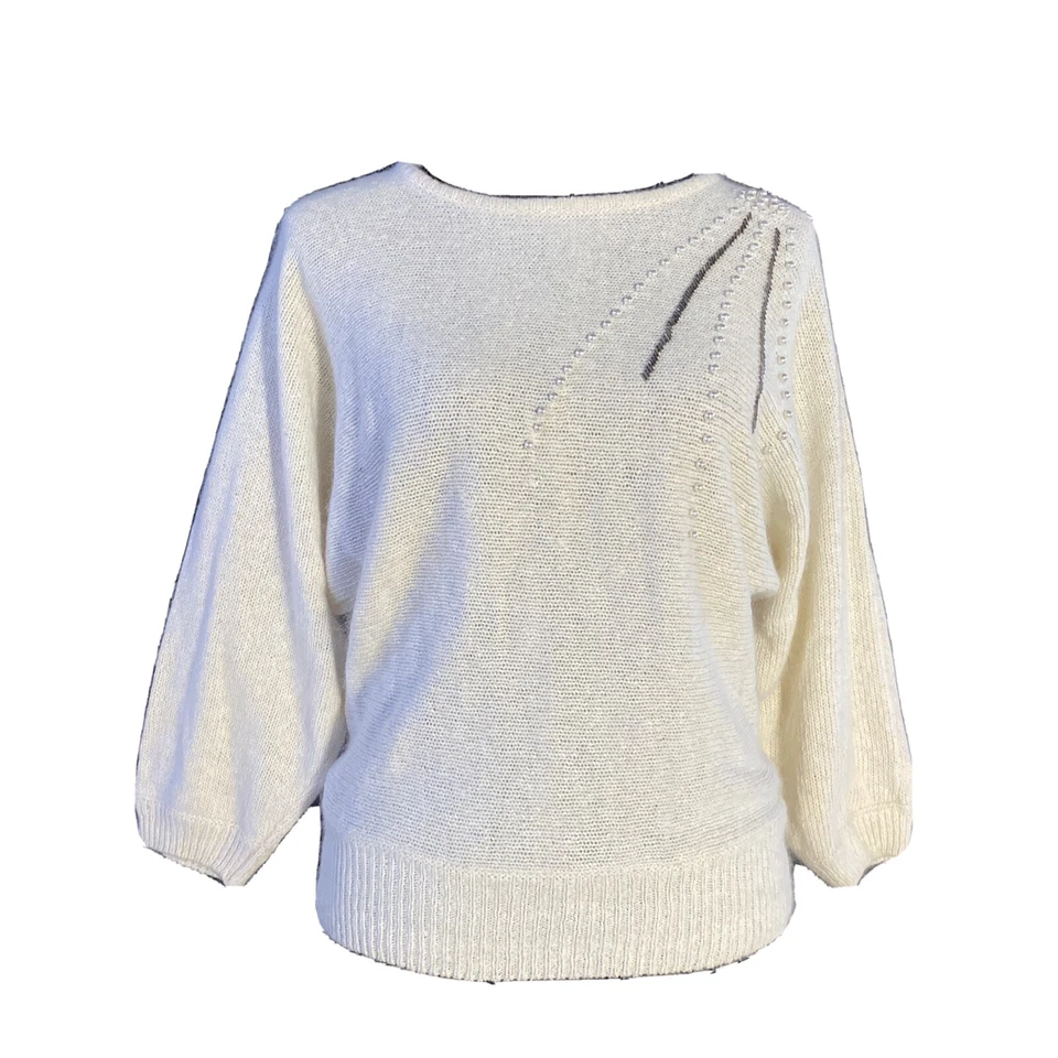 Suéter De Colección Margules MED Suave Seda Angora Blanco Perla Cuentas Dolman Sl Elegante Foto 2 de 4