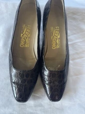 Salvatore Ferragamo Croc Embossed Dark Brown Almond Toe Women’s 7