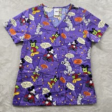 Disney Halloween Scrub Top Women's Size XS Mickey Mouse Mummy Trick Treat Purple