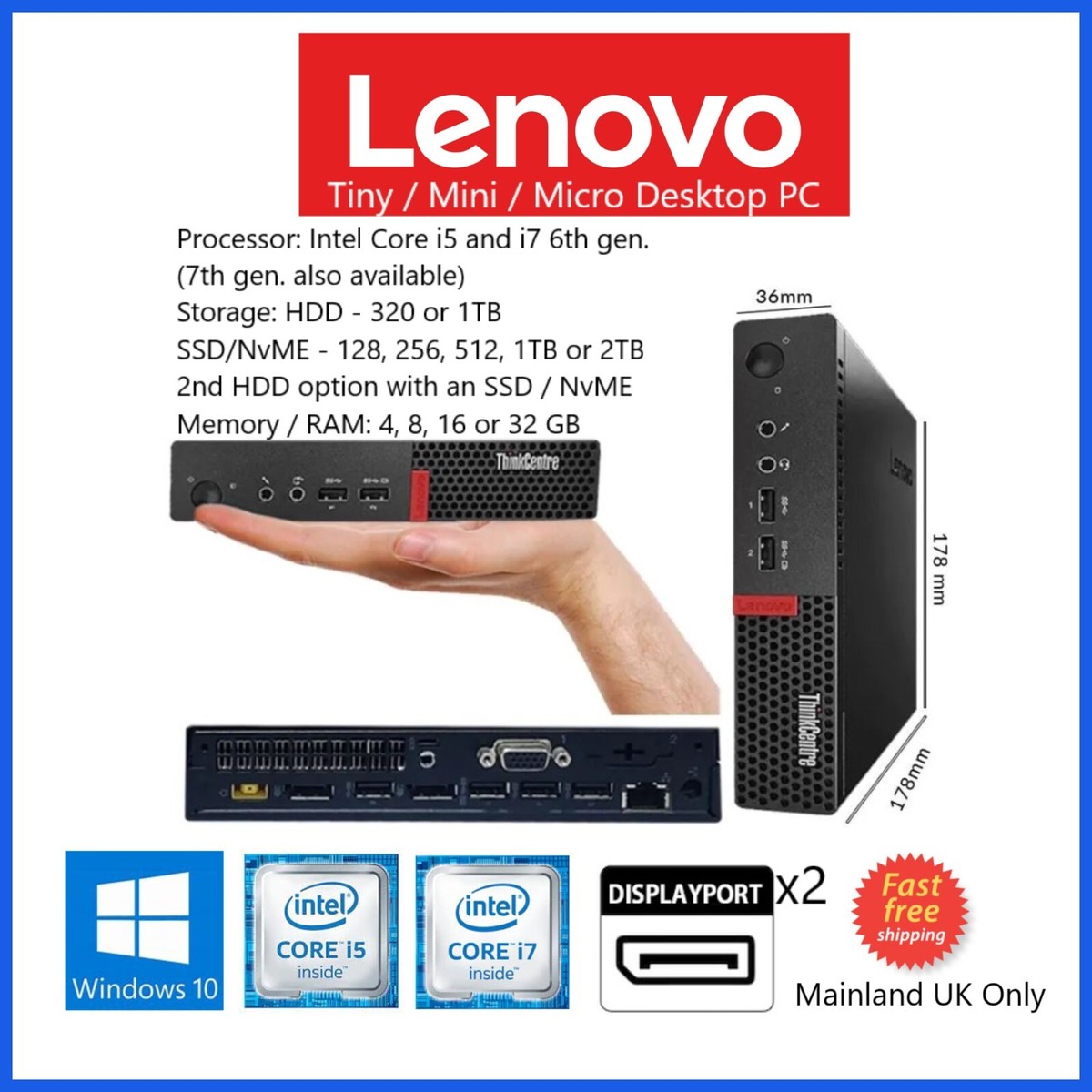 Lenovo M710q/M910q Tiny Mini PC i7-6700 2TB SSD 64GB RAM m2 NVME USB3 Windows 10 Lenovo M710q/M910q Tiny Mini PC i7-6700 2TB SSD 64GB RAM m2 NVME USB3 Windows 10