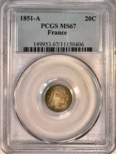 Top Pop Old French Silver Coin 1851-A Republic 20 Centimes Paris Mint PCGS MS67