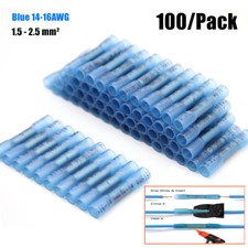 100Pcs Blue Heat Shrink Butt Wire Connectors Crimp Terminals AWG 16-14 Gauge