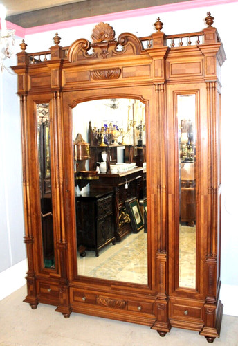 French Henry II Walnut Armoire | Antique 1 Door Wardrobe with Mirror