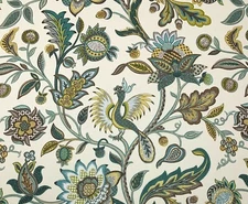 P KAUFMANN DREAM CATCHER NILE BLUE BIRD JACOBEAN FLORAL LINEN FABRIC BTY 54"W