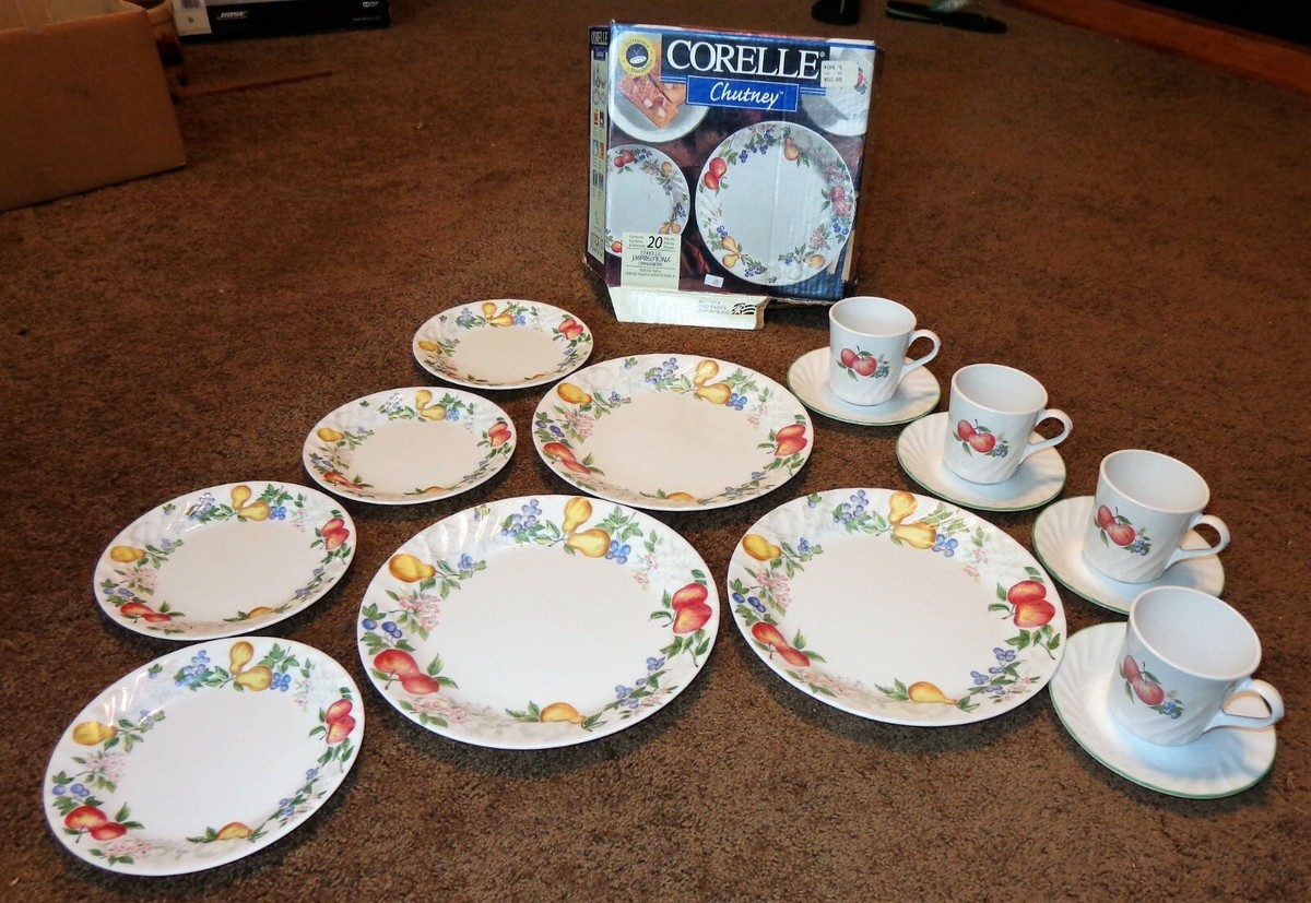15 PC CORELLE CHUTNEY DINNERWARE SET CUPS DINNER BREAD PLATES FRUIT SWIRL  IN BOX