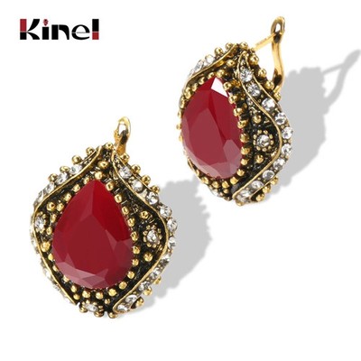 Vintage Turkish Dangle Earrings Red Crystal Rhinestone Antique Gold Boho