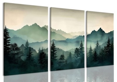 Framed Mountain Wall Art Set of 3 Sage Green Forest Canvas Prints Nature Land...