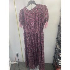 Maktub Floral Maxi Dress Pink Green Lace Trim Puff Sleeve Tiered NWT Cottagecore