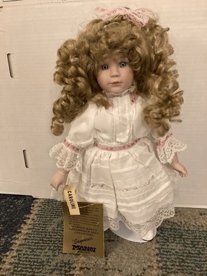 Seymour Mann Porcelain Girl Doll Caroline Curly Blonde Hair Lace Dress Stand Tag