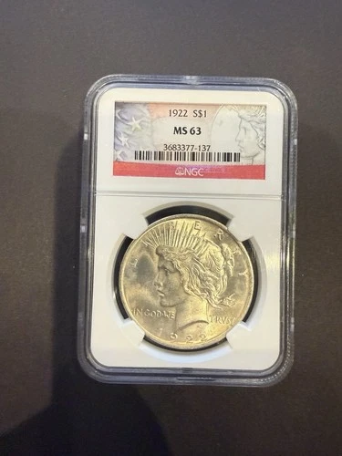 1922 S$1 MS 63.  NGC Peace Silver Dollar