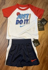 Nike Dri-FIT 2 Pc Set 12M Just Do It Baseball Shirt Shorts Red Blue NWT