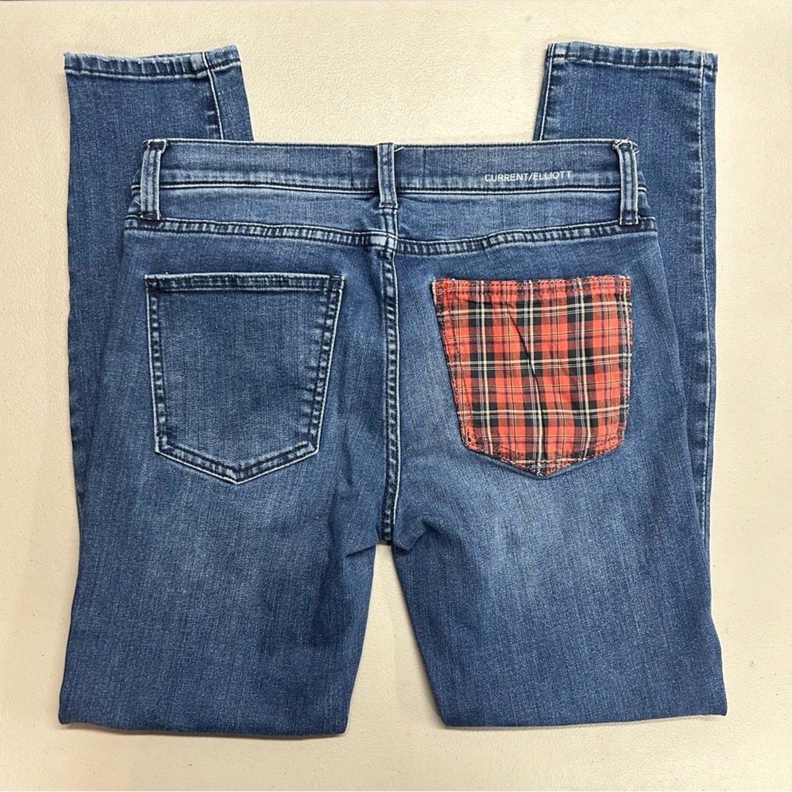 Current Elliott Denim Blue Jeans Red Plaid Patch Pockets Skinny Womens Size 27