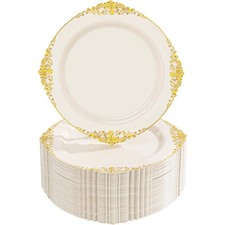 100Pcs Ivory Plastic Plates - 7.5inch Ivory and Gold Disposable Plates - Heav...