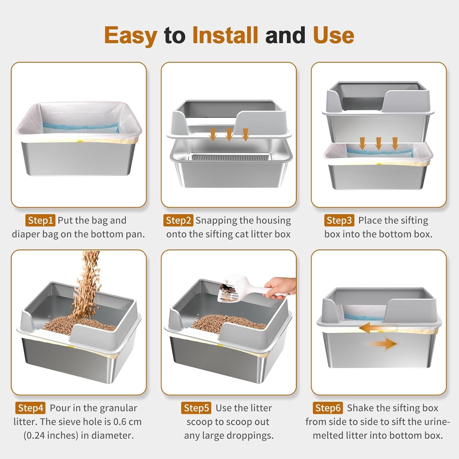 Stainless Steel Cat Litter Box with Lid, High Sided Sifting Box, Includes Scoop