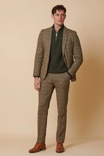 Men Brown Plaid Herringbone Tweed Vintage Check Retro Groom Tuxedo Wedding Suit