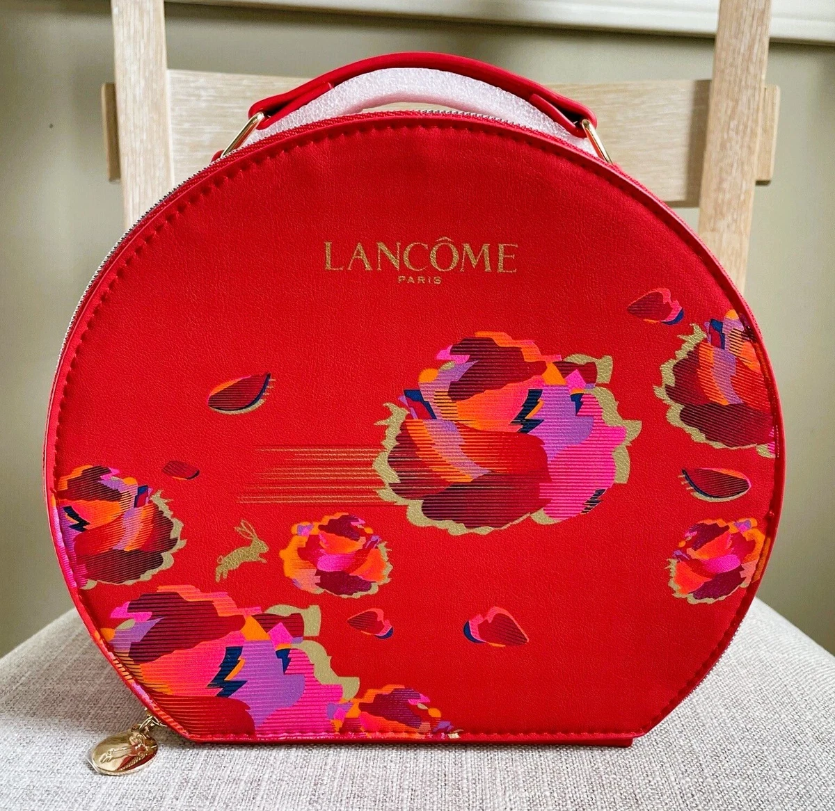 Lancome Red Floral Round Cosmetic Vanity Train Case Travel Bag  
