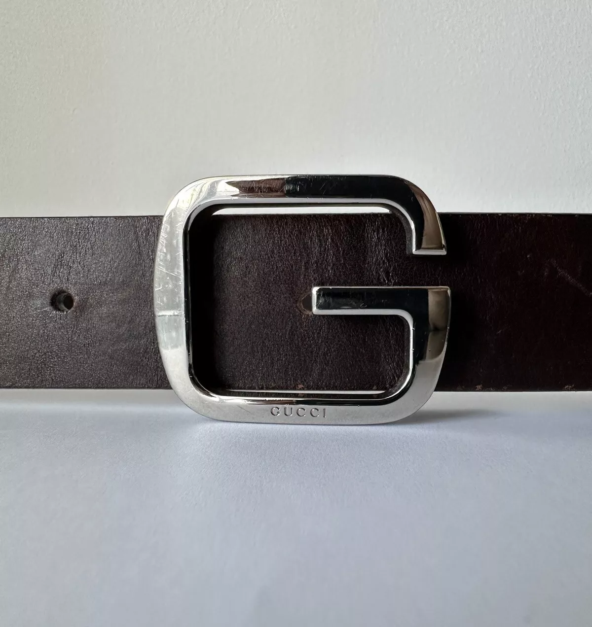 AUTHENTIQUE ! Boucle ceinture GUCCI G cuir marron 162931