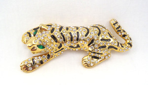 Authentic VTG Tiger Pin Brooch Gold Plated Black Enamel & Rhinestones Green Eyes 3.5” Long