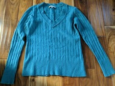 Women's Ann Taylor Loft Teal Turquoise V Neck Cable Knit Wool Blend Sweater M
