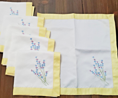 Home Presents Napkins 6 White Embroidery Blue Flowers Yellow Satin Border 12x12''