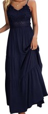 Dokuritu Spaghetti Strap Cocktail Dress Crochet Lace Maxi Dress |Navy Blue XL