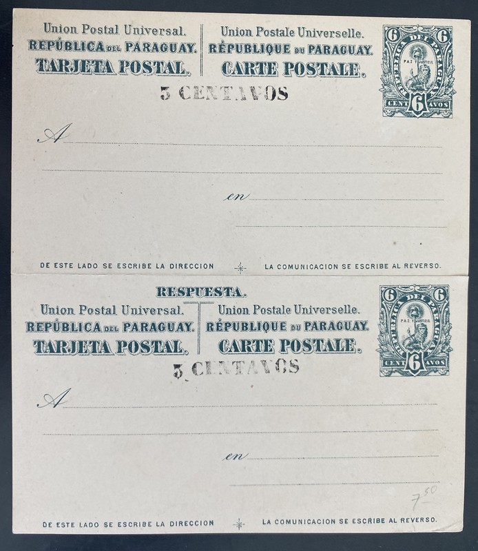 Mint Paraguay Postal Stationery reply Postcard 5 cents overprints