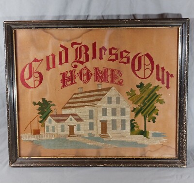 Antique God Bless Our Home Embroidery Needlework, 21.5'' X 17.75'' Framed