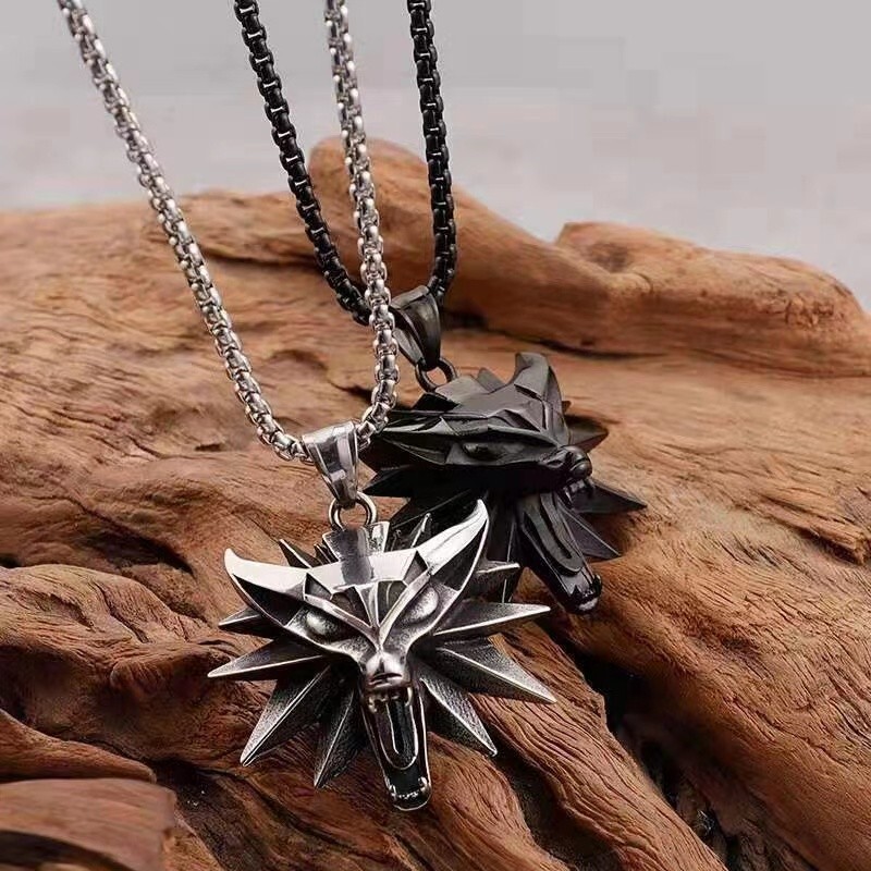 Witcher Rolo Chain Mens Gothic Black Witcher Wolf Head Pendant Necklace Punk Rock Jewelry ...