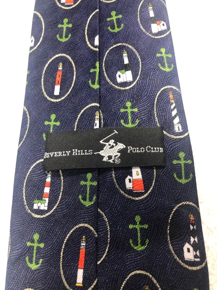 HILLS POLO CLUB HOMBRE CORBATA AZUL MARINO CON ANCLAS Y FAROS VERDES 4 X 60 Foto 4 de 4