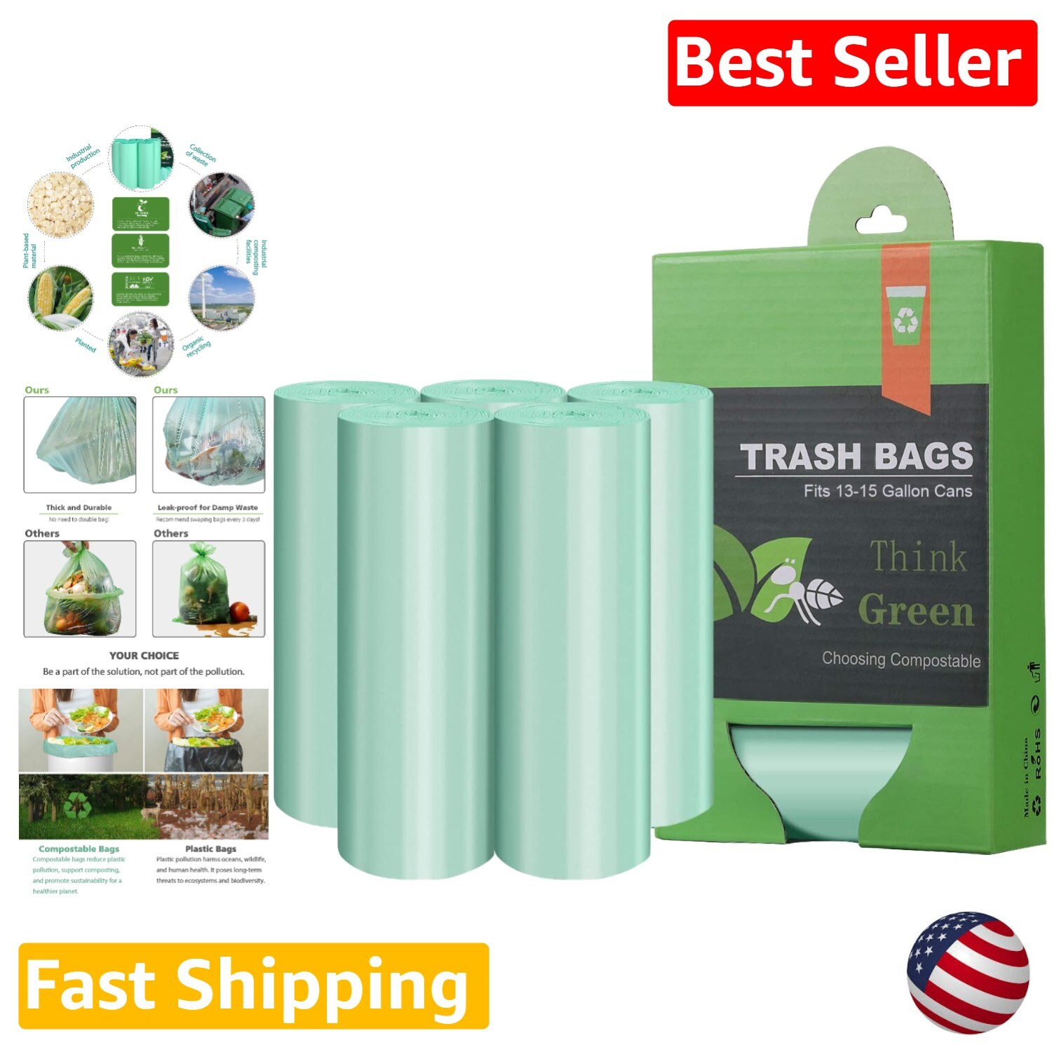 Compostable Trash Bags - 13-15 Gallon Tall Kitchen Bags, Unscented, 60 Count