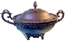 Vintage BLACK Brass Metal Footed Hammered Decorative Serving Centerpiece w/Lid