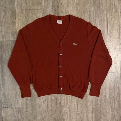 Vintage 60s Lacoste Cardigan Mens Sweater Red Orange Brown Button Size Large