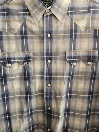 Lucky Brand Shirt Mens Extra Large Blue Plaid Pearl Snap short sleeve saw tooth - Picture 10 of 11