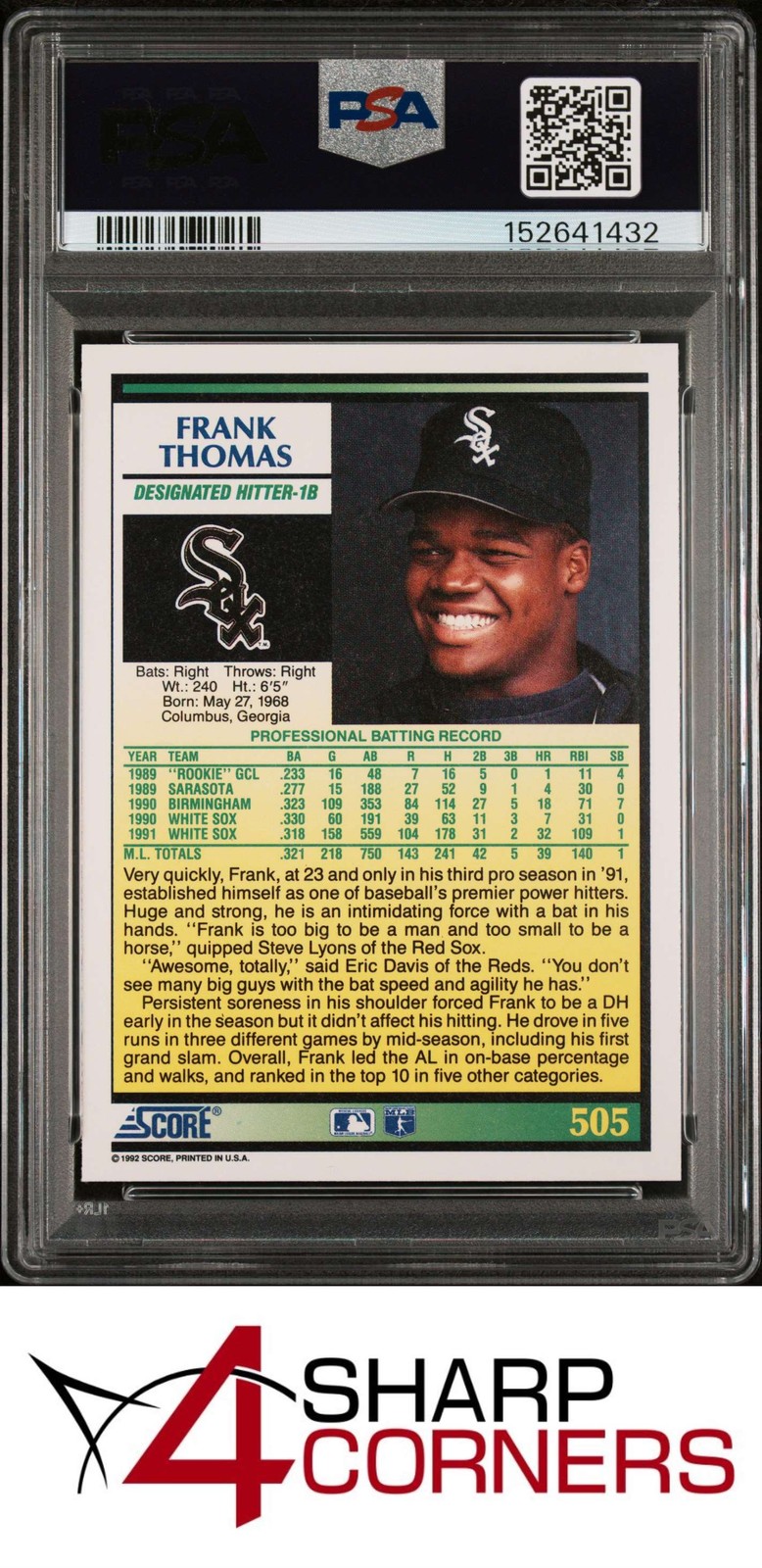 1992 SCORE #505 FRANK THOMAS WHITE SOX HOF PSA 10 view 2