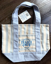 NWT Trader Joe's Mini Canvas Tote Bag Blue/White Stripe Reusable Small