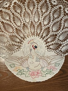 Gorgeous Hand Crocheted Embroidered PEACOCK Doily/Antimacassar Pineapple Pattern