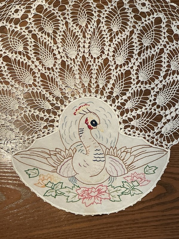 Gorgeous Hand Crocheted Embroidered PEACOCK Doily/Antimacassar Pineapple Pattern