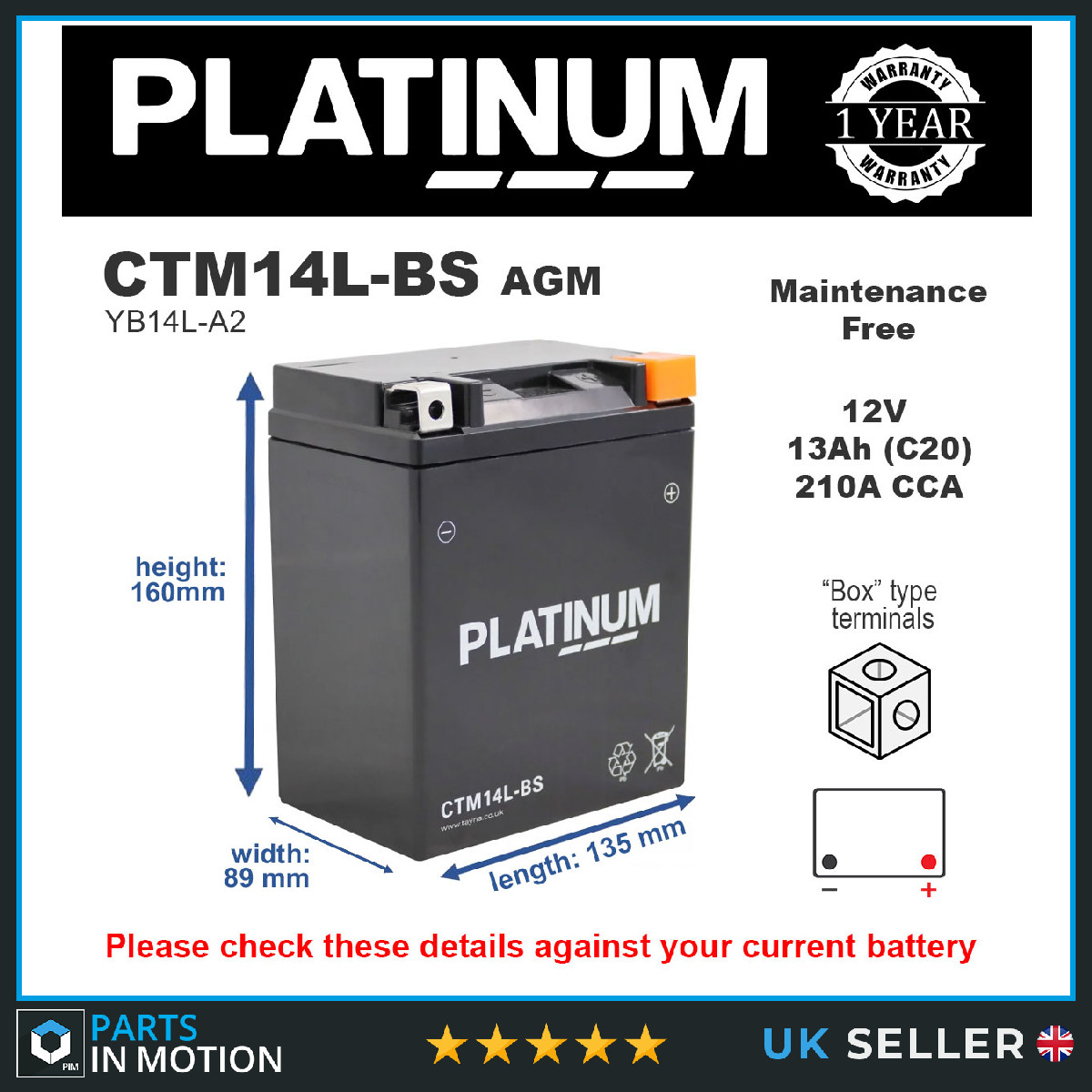 CTM14L-BS PLATINUM AGM Motorcycle Battery Replaces YB14L-A2