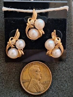 Vintage ATL 14k Yellow Gold Diamonds & Pearls Earrings and Pendant Set
