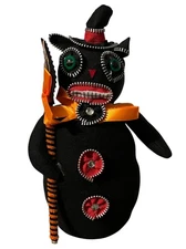 Black Cat Plush Felt Folk Art Style Doll Vintage Zippers 10” Halloween