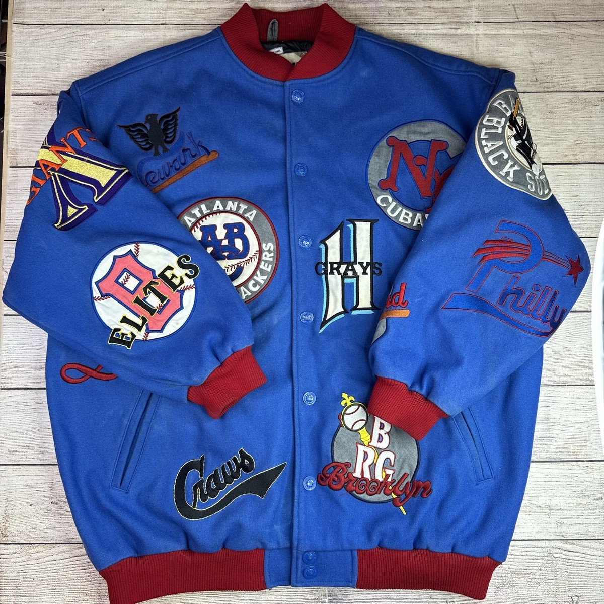 Vtg Headgear Negro League Mens XXXL Blue Wool Jacket Team Patches