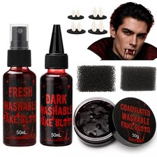 Fake Blood and Vampire Fangs Kit for Halloween SFX Makeup, 4 Fang Sizes A 