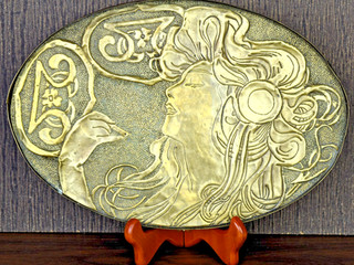 Art Nouveau hand hammered brass tray. Circa 1910. Mucha image