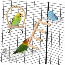 4Pcs Bird Perches Toys, Stainless Steel Perch Platform 2 Sizes , Natural Wood