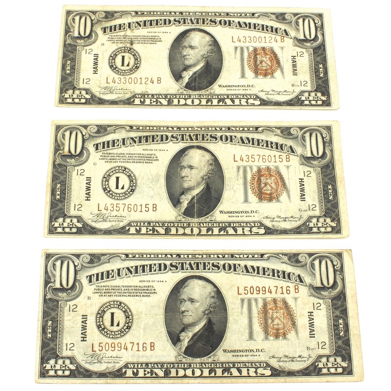 1934 $10 Hawaii WWII Emergency Issue Federal Reserve Notes Lot of 3 NR #C861-1