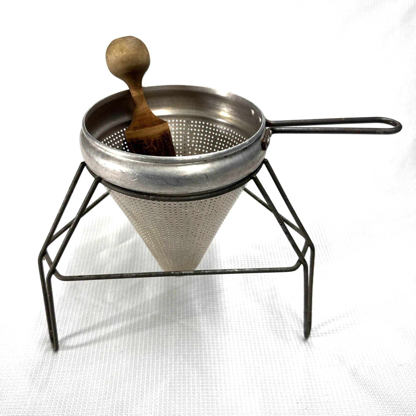 Vintage Aluminum Food Mill Cone Sieve Colander Strainer Pestle Stand Farmhouse