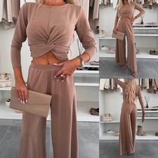 2PCS Women Co-ord Suit Crop Tops Casual Pants Tracksuit Outfit Set Loungwear