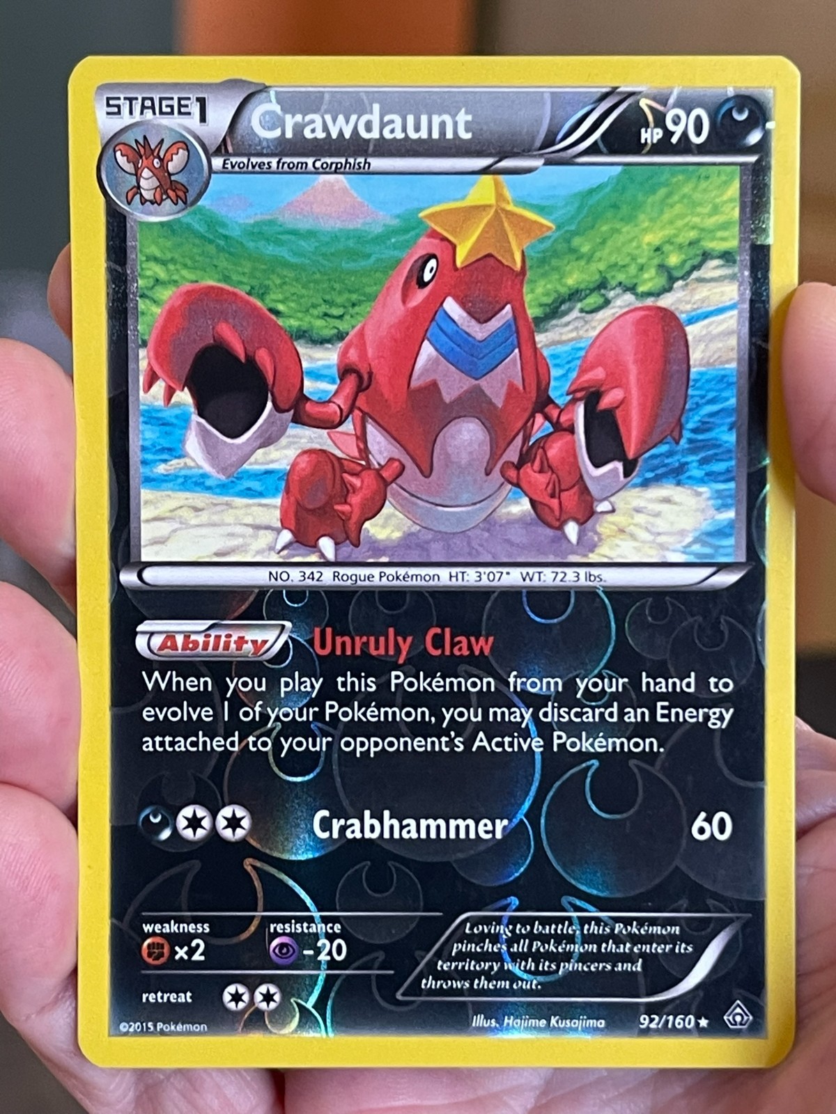 POKEMON CRAWDAUNT 92/160 RARE REVERSE HOLOFOIL PRIMAL CLASH LP CARD